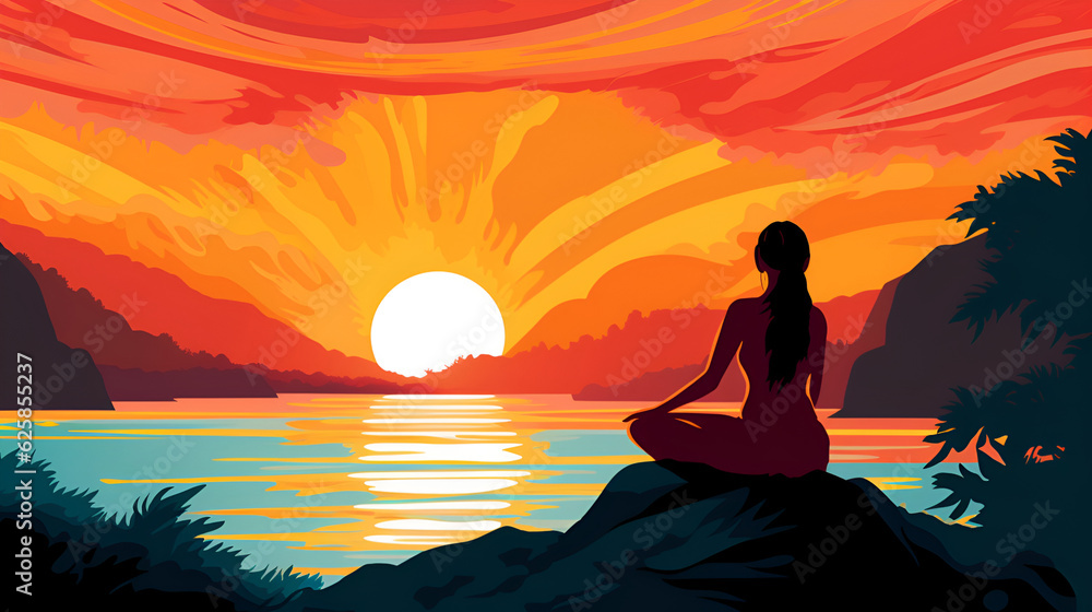 Serenity. Sunrise meditation, sense of peace. Illustration of a meditating woman in lotus position. Generative AI.