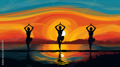 Silhouette of people practicing yoga at sunset. Generative AI.