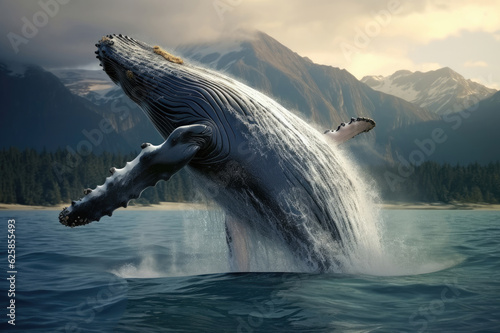 A humpback whale jumping over the sea © Venka