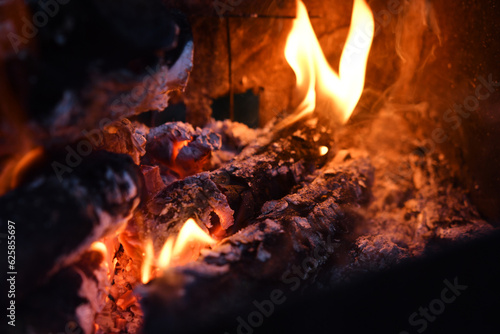 open fire burning in campfire at evening outdoor. close up