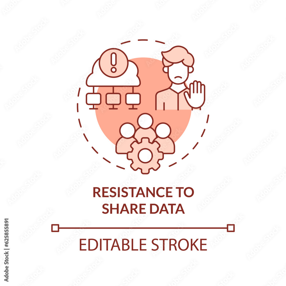 Editable resistance to shared data concept red thin line icon, isolated vector representing data democratization. Editable resistance to shared data concept red thin line icon, isolated vector representing data democratization.