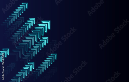 neon arrows aim upward at an angle. blue arrows on a dark background go up