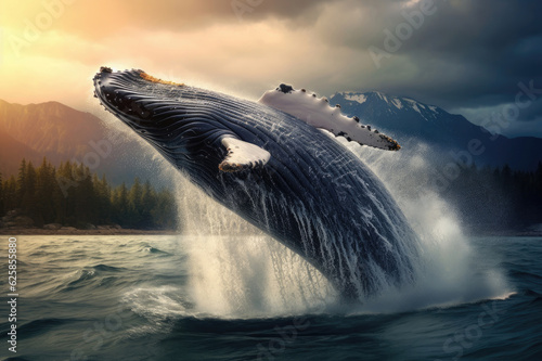 A humpback whale jumping over the sea © Venka