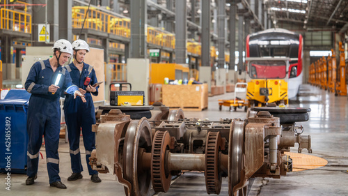 Obraz na płótnie aucasian male technician and engineer woman both wearing in safety helmet uniform cooperate in electric vehicle maintenance work in electric vehicle control station w salonie
