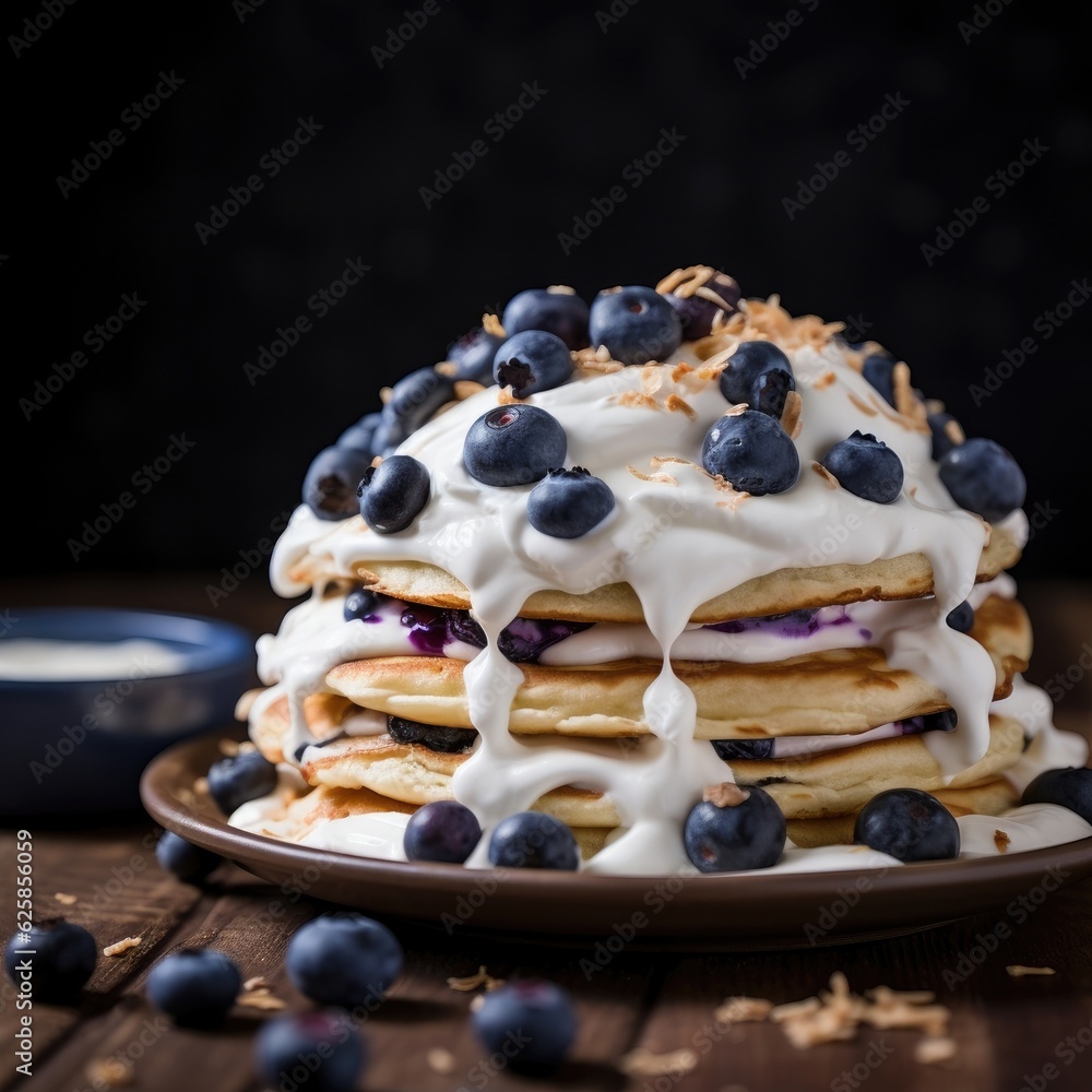 Pancakes piled high with blueberries and whipped cream. (Generative AI)