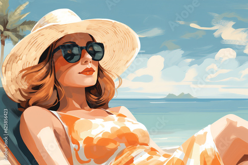 Beautiful caucasian woman in glasses and a hat relaxing on the beach on a sunny summer day. Seaside vacation illustration, travel, leisure