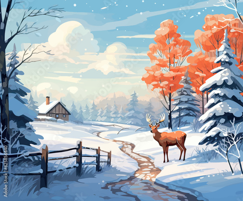 vector image of a deer in the village. Vector illustration