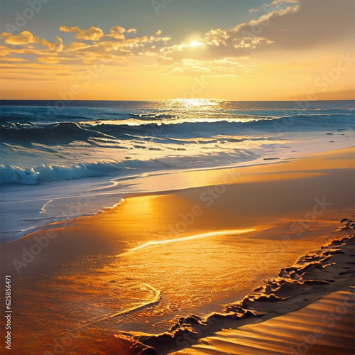 A serene beach at sunset, with the golden rays casting a warm glow on the sand and gently crashing waves.