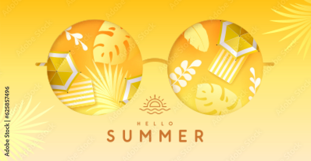 Naklejka premium Cut out paper round shaped sunglasses silhouette with beach umbrella and tropic leaves. Vector illustration.