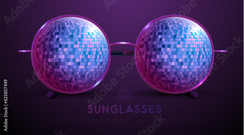 Realistic round shaped sunglasses with disco ball gradient lenses. Vector illustration.