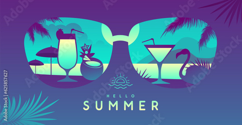 Colorful summer background with sunglasses silhouette and tropic beach landscape. Vector illustration