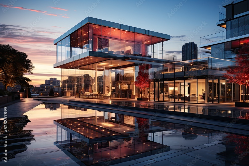 modern building in the city at night and beautiful landscaping