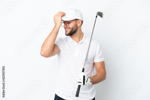 Handsome young man playing golf isolated on white background has realized something and intending the solution