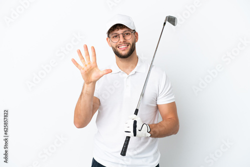 Handsome young man playing golf isolated on white background counting five with fingers