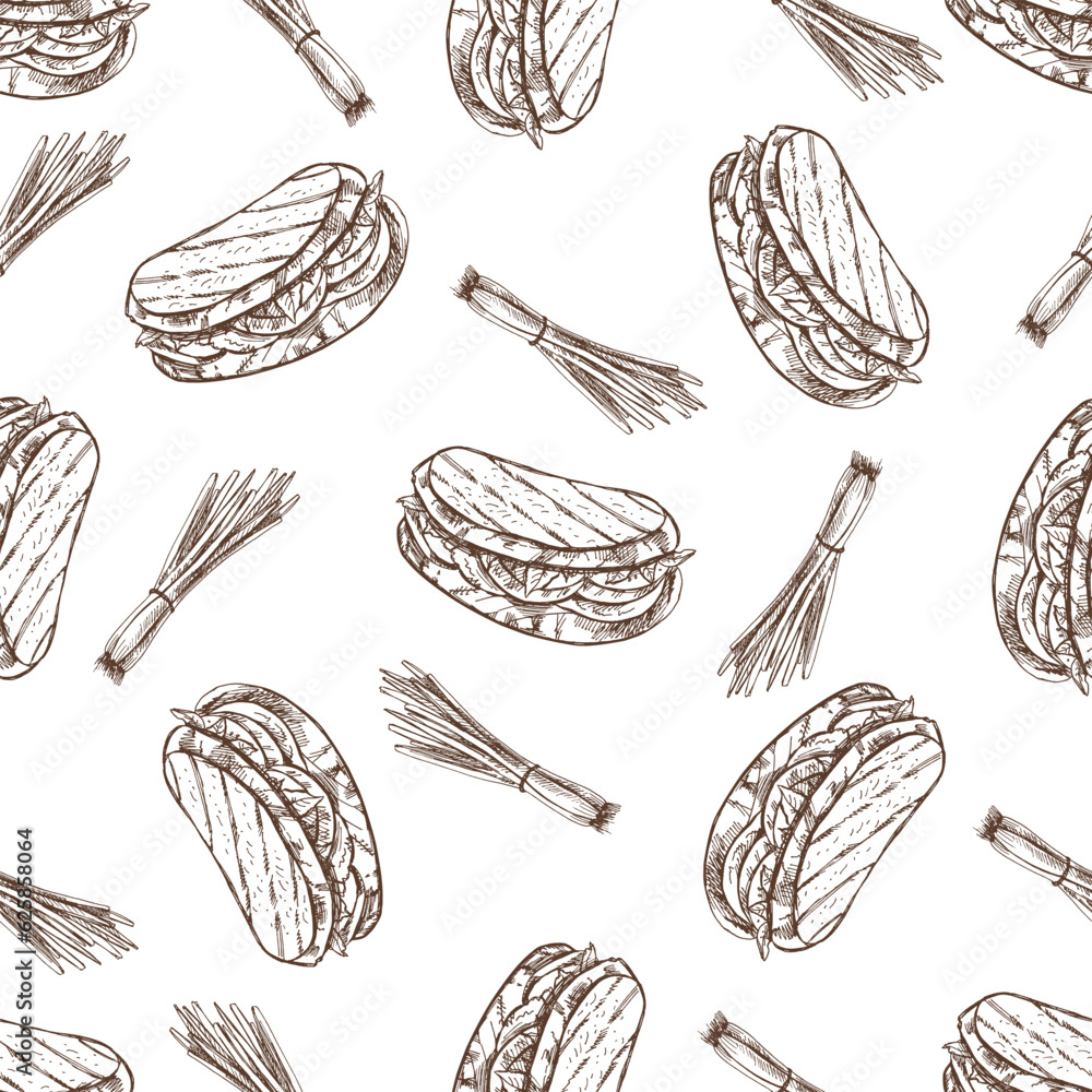 Hand-drawn vector seamless pattern of sandwich and onion. Vintage doodle illustration. Sketch for cafe menus and labels. The engraved image. Hand-drawn vector seamless pattern of sandwich and onion. Vintage doodle illustration. Sketch for cafe menus and labels. The engraved image.