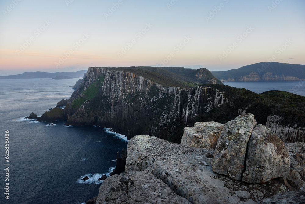 landscape portrait of hiking trails along  cape pillar, apart of the three cape trek in Tasmania, Australia.