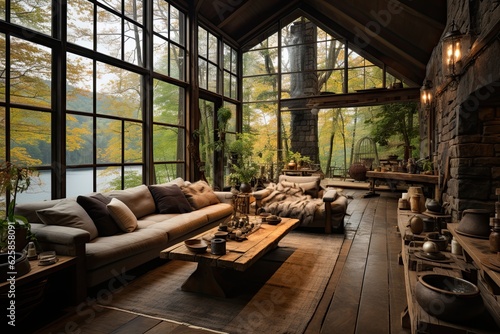 Interior of a modern living room with a large window overlooking the lake © ttonaorh
