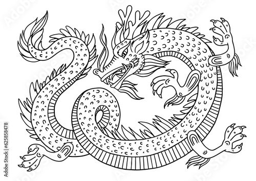Black contour dragon on white background. Chinese New Year. Vector line art for coloring book, tattoo design