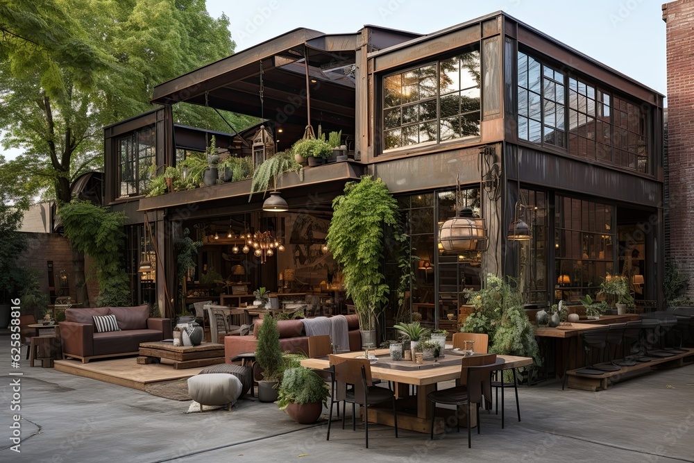 Fototapeta premium Luxury restaurant with tables and chairs in the evening. Restaurant exterior