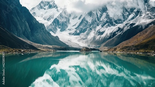 Beautiful mountain lake with clear water and snow-capped mountains