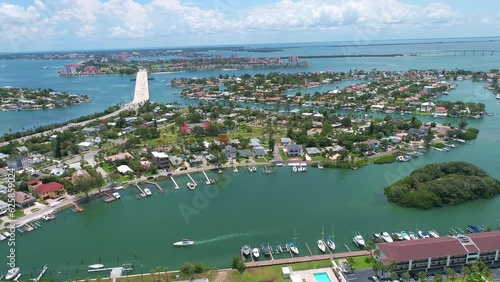 Panning aerial drone view of luxurious coastal Florida neighborhood in Pinellas county photo