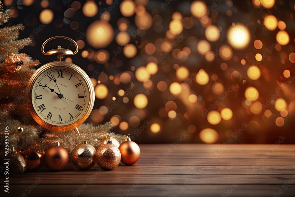 Merry Christmas and Happy New Year. New Year background with Christmas decorations and clock on the table. New Year attributes