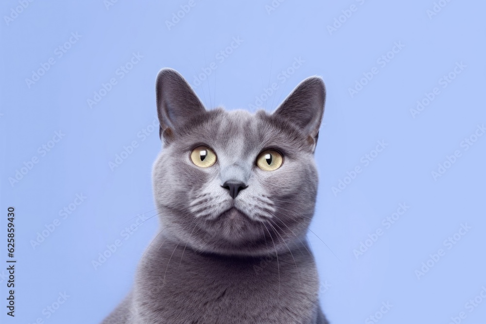 Domestic cat of ash color on a blue background