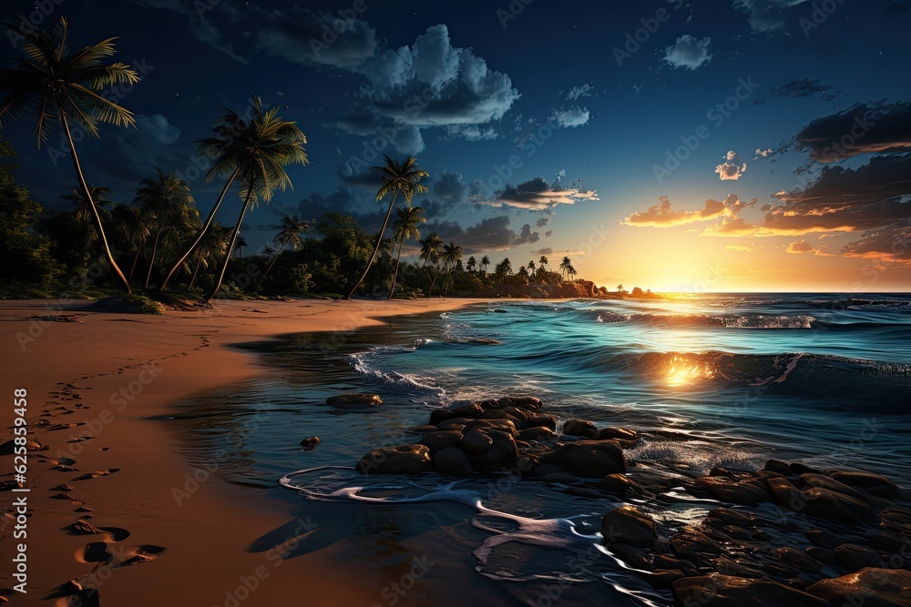 Tropical beach at night with palm trees and moonlight