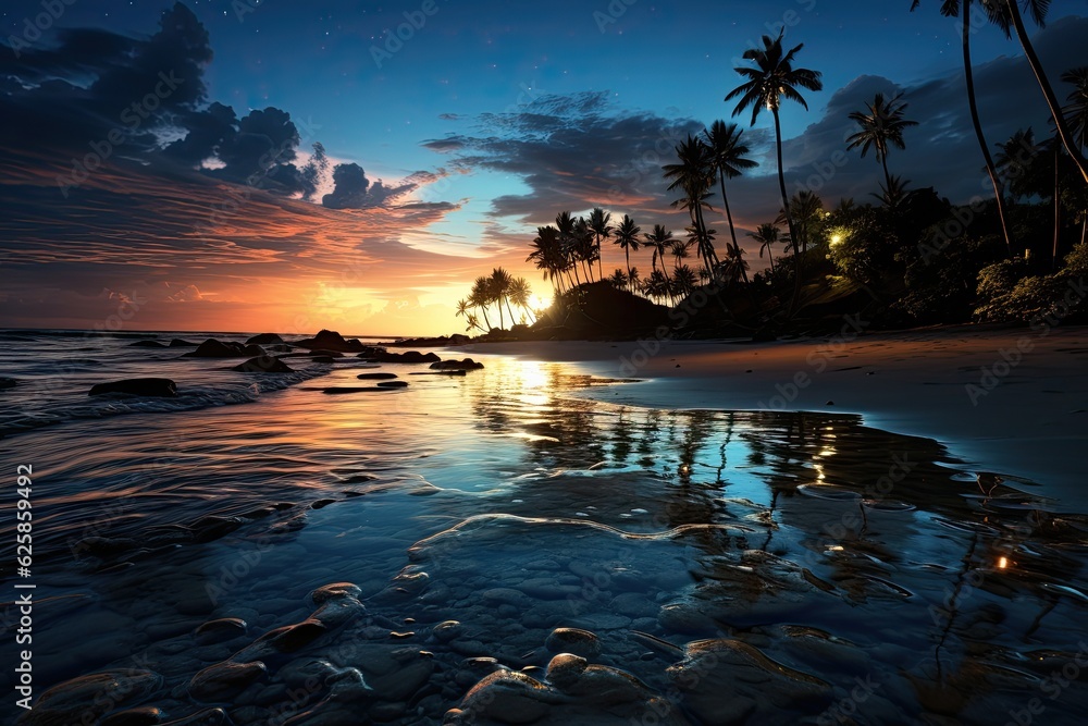 Tropical beach at night with palm trees and moonlight