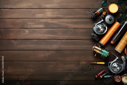 Background for designer with elements of fishing tackle. texture wooden table made of boards