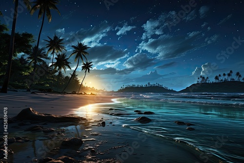 Tropical beach at night with palm trees and moonlight