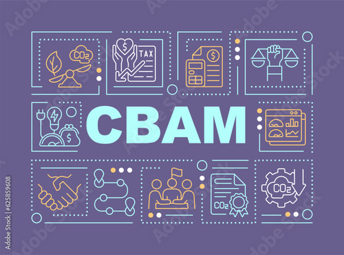 CBAM text concept with various thin line icons on dark monochromatic background, 2D vector illustration.