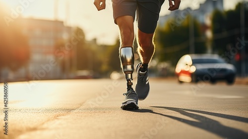 Sportsman jogging with prosthetic leg. Generative AI
