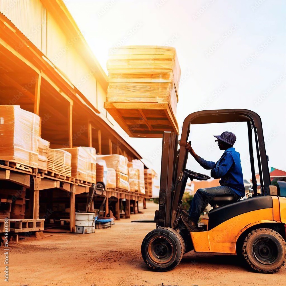 Naklejka premium A man carrying cargo on a forklift for delivery Generative AI