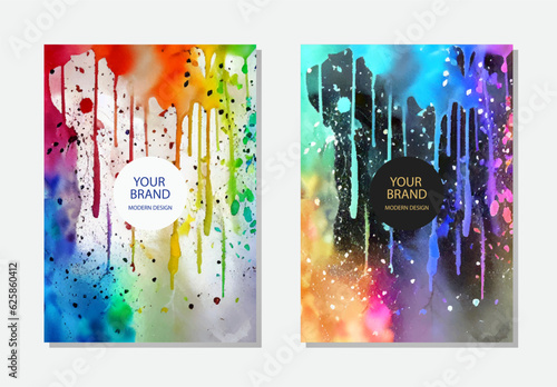 Set of colorful watercolor backgrounds. Grunge texture with stains, stains, splashes, dripping paint. Collection of vertical templates for presentation, cover template, brochure, poster, booklet.
