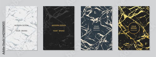 Cover design set. Premium abstract backgrounds, marble grunge texture, crack. Geometric 3d embossed, golden pattern. Modern collection of vector vertical templates for creative creativity.