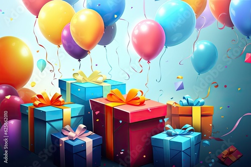 happy birthday gift and party balloons illustration Generative AI