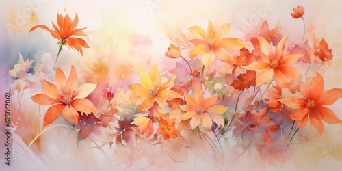 Watercolor flowers in shades of vibrant orange, delicate petals with intricate details, blooming in a lush garden Simple Watercolor Flowers Generative Ai Digital Illustration