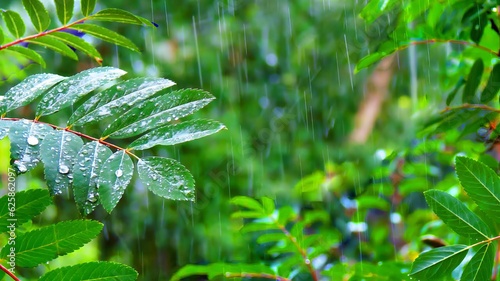water drops on a green leaf in forest