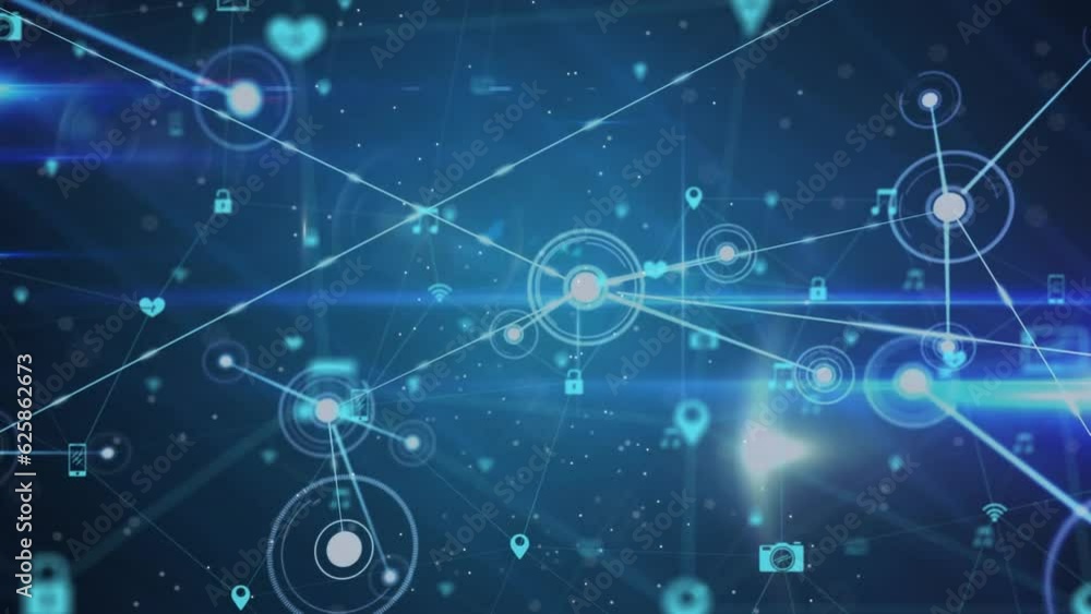 Animation of connected dots over lens flares and connected icons against abstract background Animation of connected dots over lens flares and connected icons against abstract background