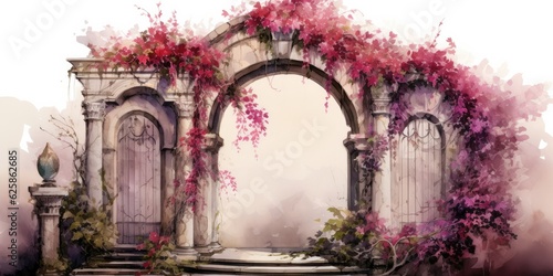  Burgundy watercolor flowers cascading down a stone archway, their vibrant hues contrasting against the weathered surface. Burgundy Watercolor Flowers Generative Ai Digital Illustration © Cool Patterns