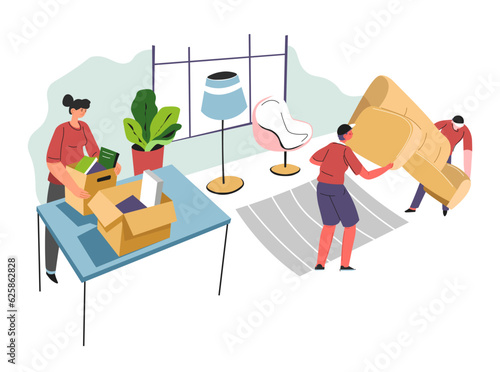 Moving in and unpacking carton boxes in new flat