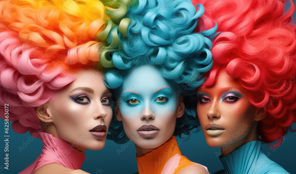 Three people together with colorful hair, clothing and make up. Concept image on the diversity of the lgbt community. Generative AI