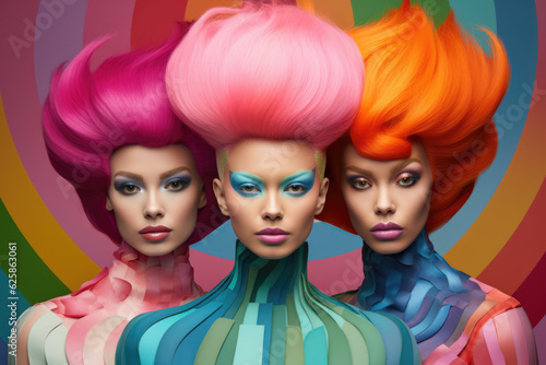 Three people together with colorful hair, clothing and make up. Concept image on the diversity of the lgbt community. Generative AI