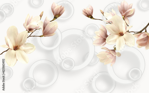 the background pattern in light pink, and sandy colors with two branches of orchids and lots of circles