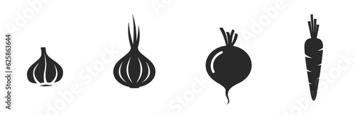 root crops icon set. garlic, carrots, beetroot and onion. vegetable, agriculture and harvest symbols