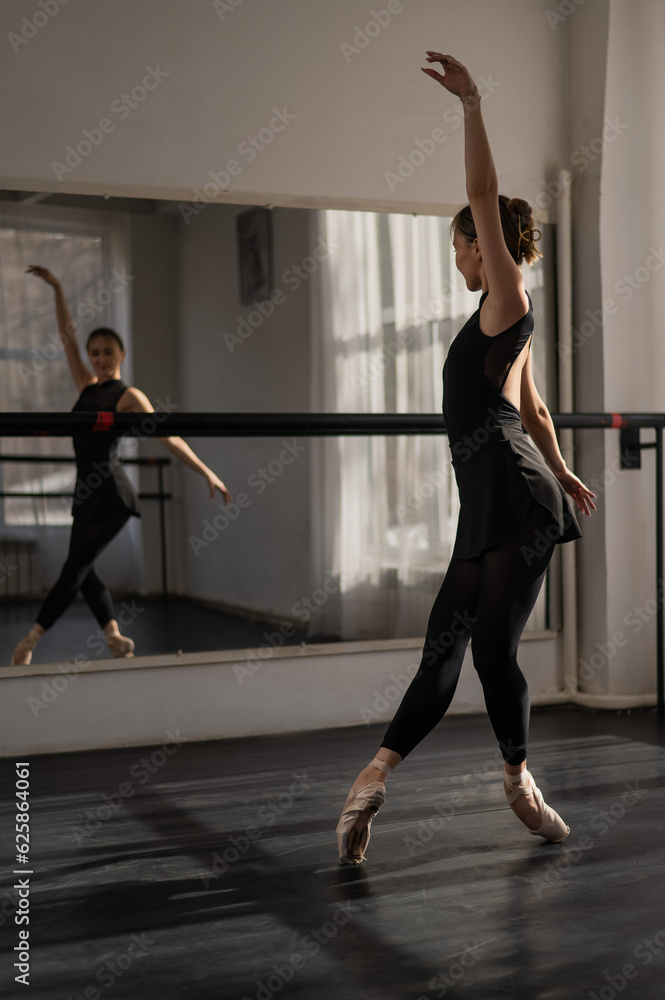 Obraz premium A beautiful Asian ballerina is training in a dance class. Vertical photo.
