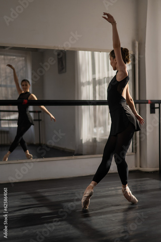 A beautiful Asian ballerina is training in a dance class. Vertical photo.
