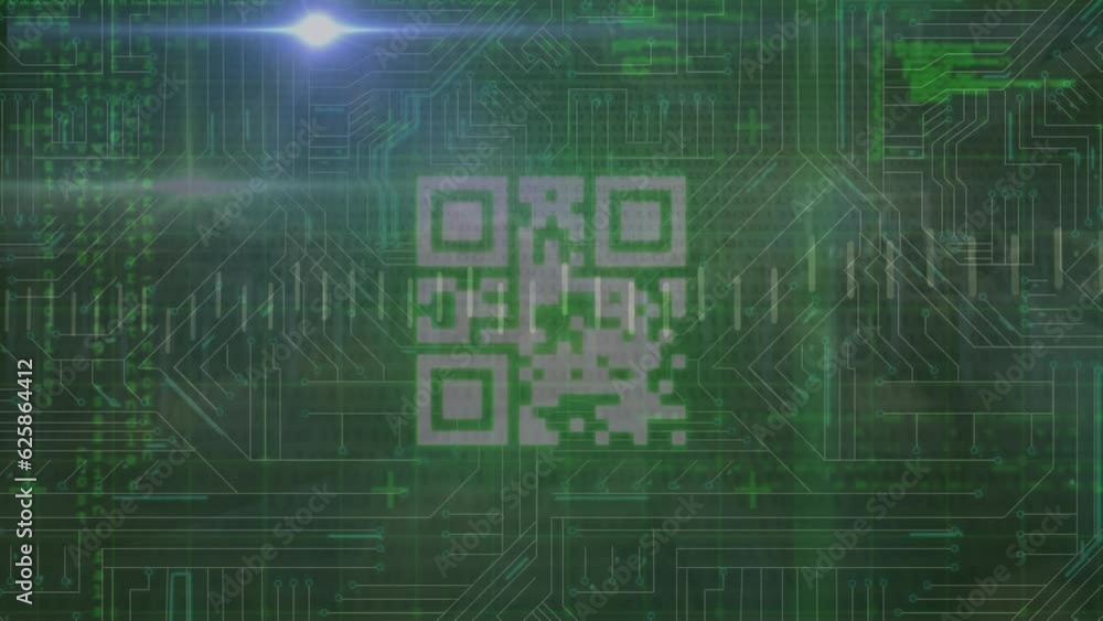 Animation of line graph over qr code and computer language against circuit board pattern Animation of line graph over qr code and computer language against circuit board pattern