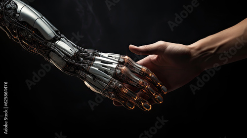 A robot's hand and a human's hand touch in a handshake. The future of human-robot relationships, Generative AI